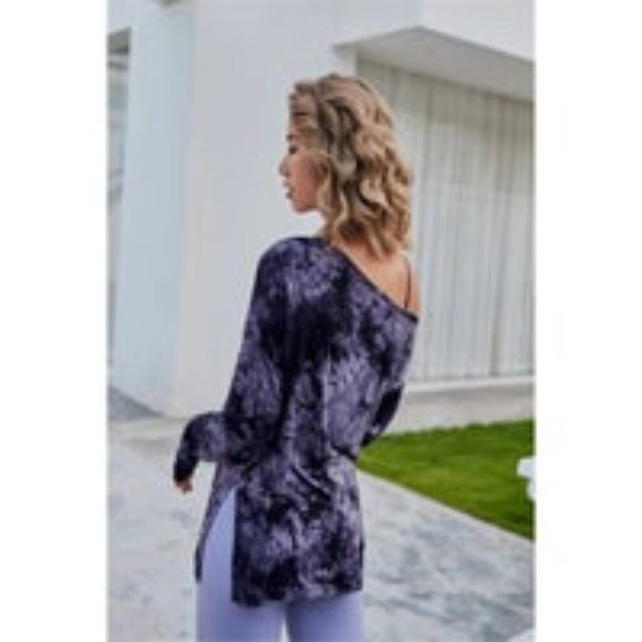 WOMENS PURPLE TIE-DYE PRINT OFF-THE-SHOULDER LONG SLEEVE TOP - Size: S/M, L/XL - Picture 7 of 9